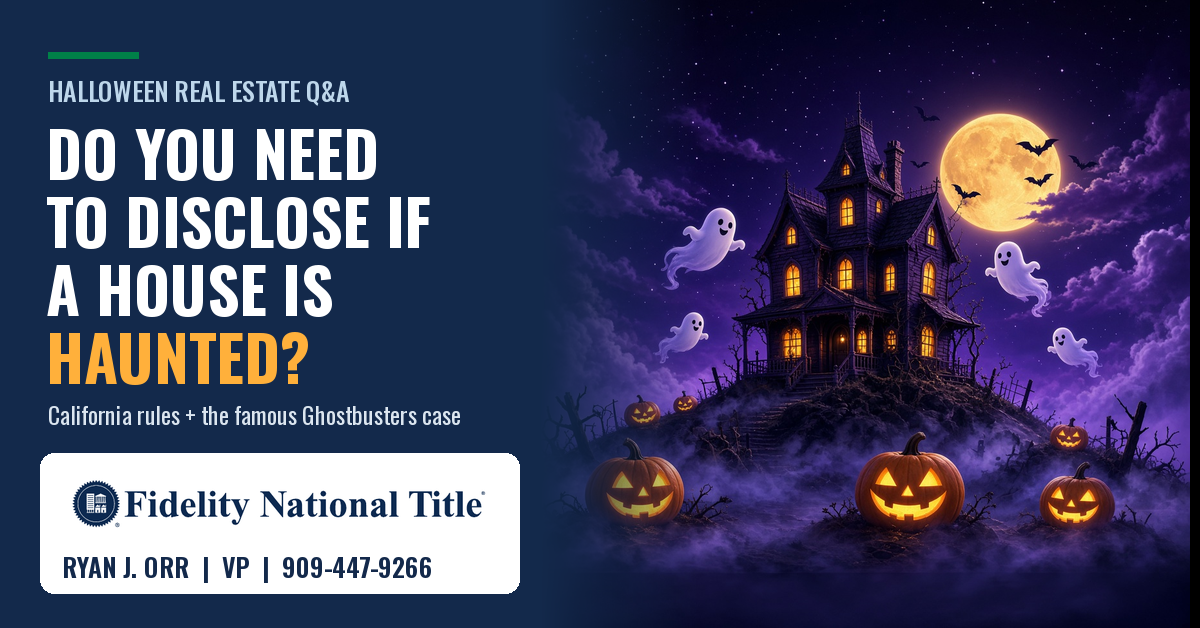 Haunted Victorian house under a full moon with friendly ghosts and jack-o-lanterns, Fidelity National Title Halloween blog